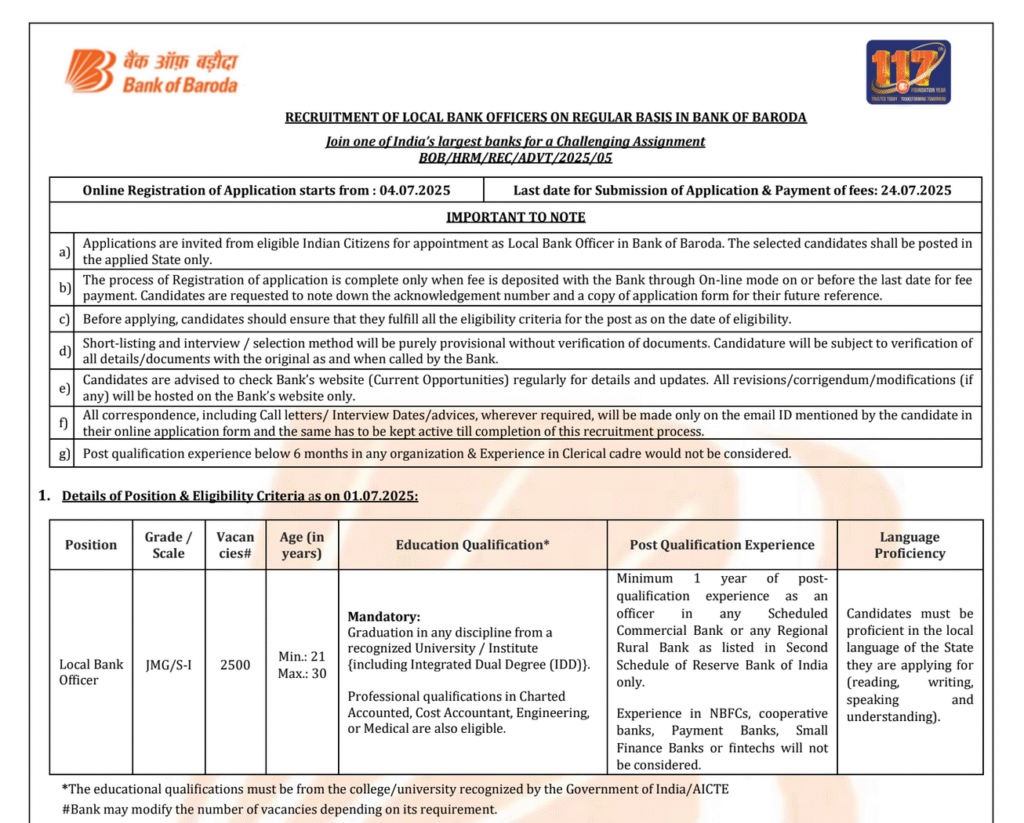 Bank Of Baroda LBO Job Vacancy 2025 Notification PDF